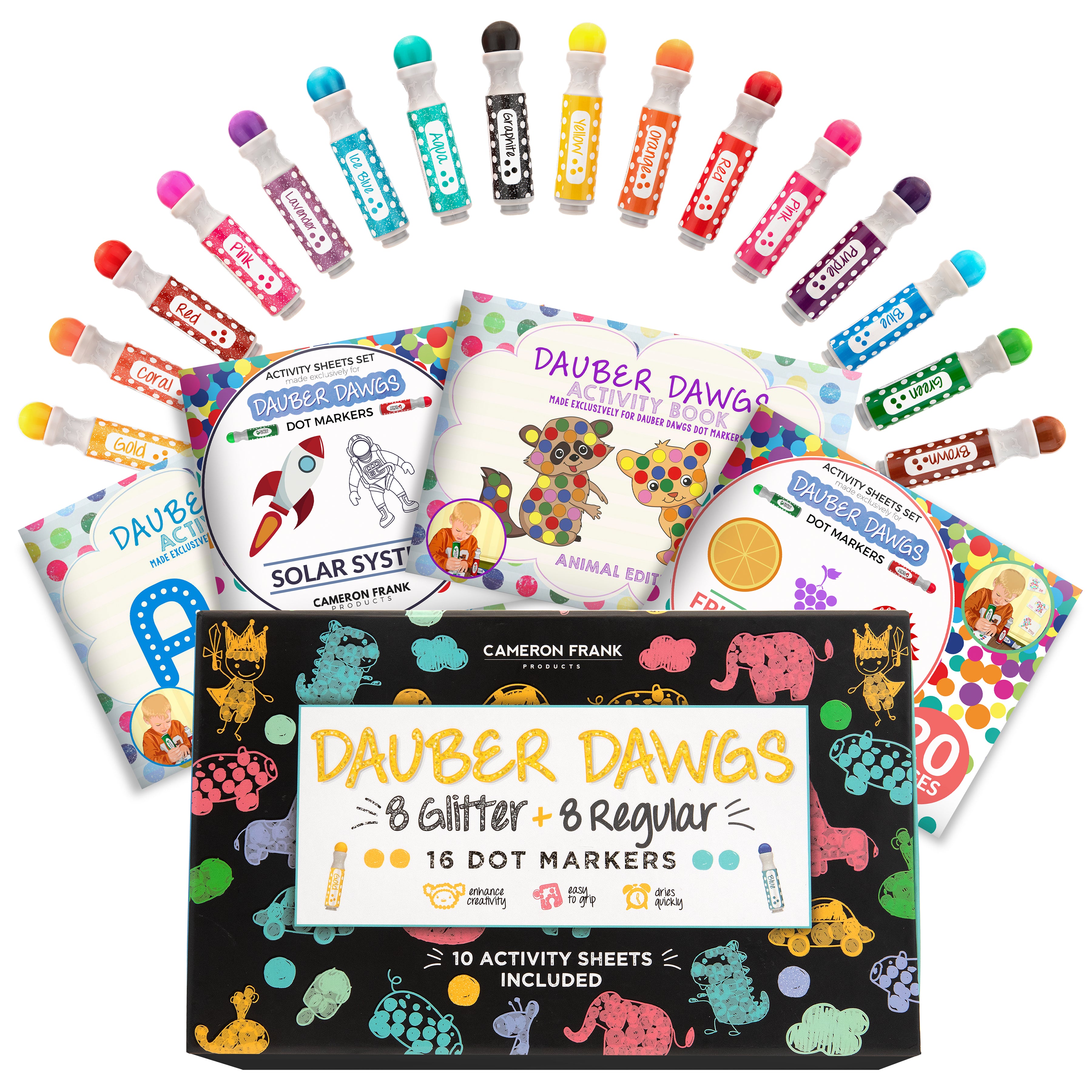  Cameron Frank Products Dot Markers for Toddlers 1-3 - Set of 8  Dauber Dawgs Washable Dot Paints with 3 Activity Book PDFs